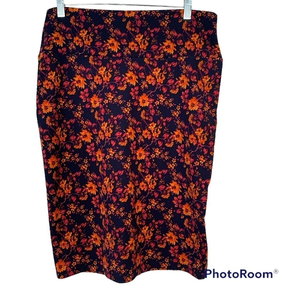 LulaRoe Cassie Blue Orange Floral Pencil Skirt Size Large